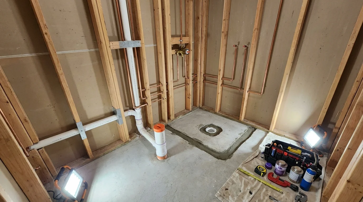 Bathroom rough-in plumbing during remodel by Johns Plumbing LLC in Croswell