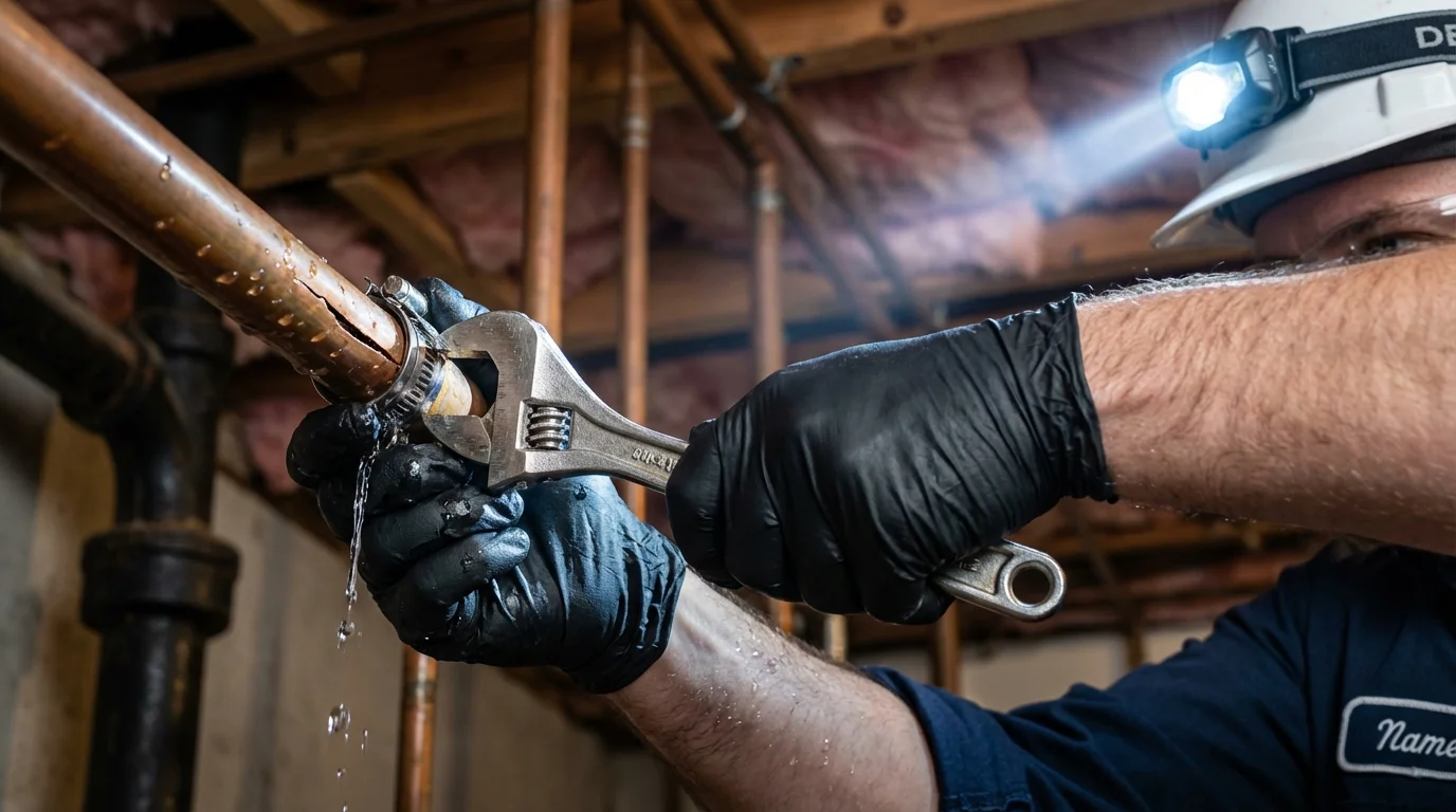 Emergency pipe clamp repair being performed by a Johns Plumbing LLC plumber in Croswell