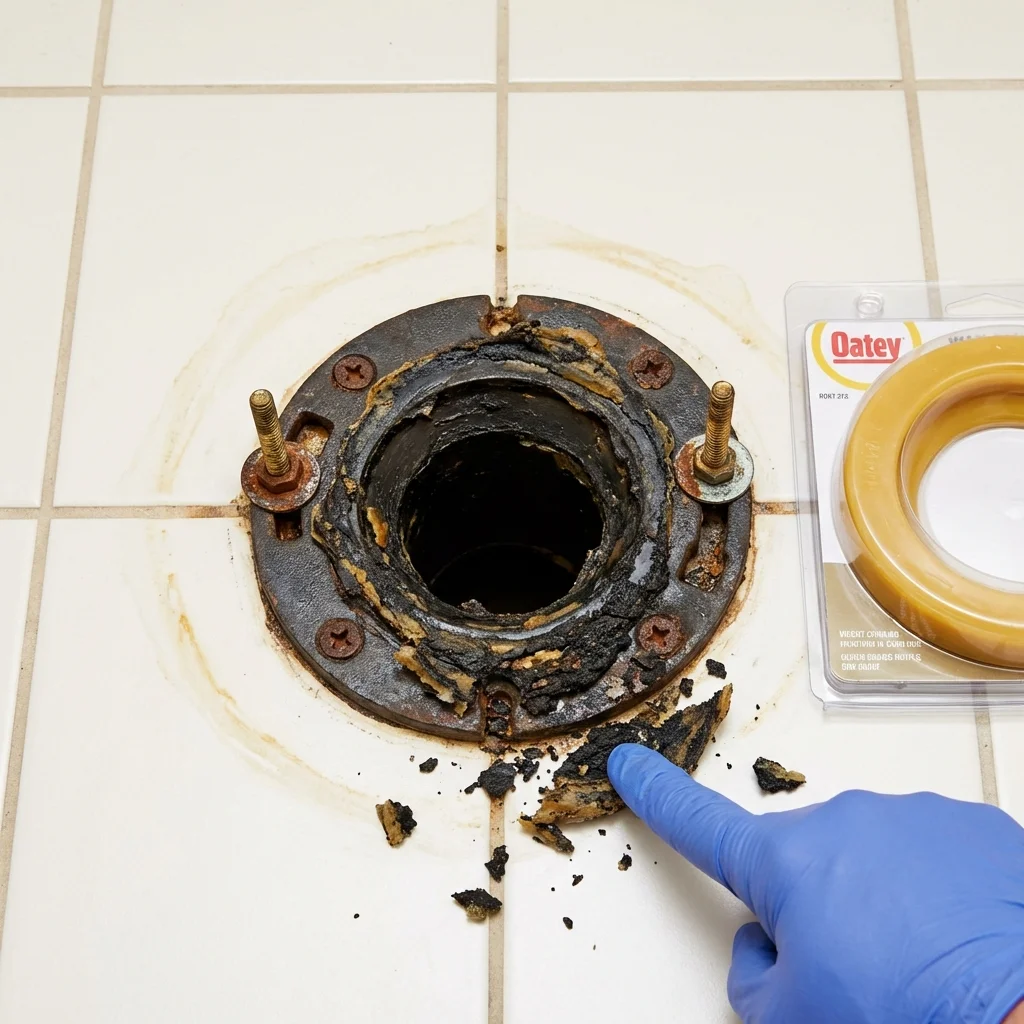 Failed wax ring showing water seepage at the base of a toilet in a Croswell, MI home