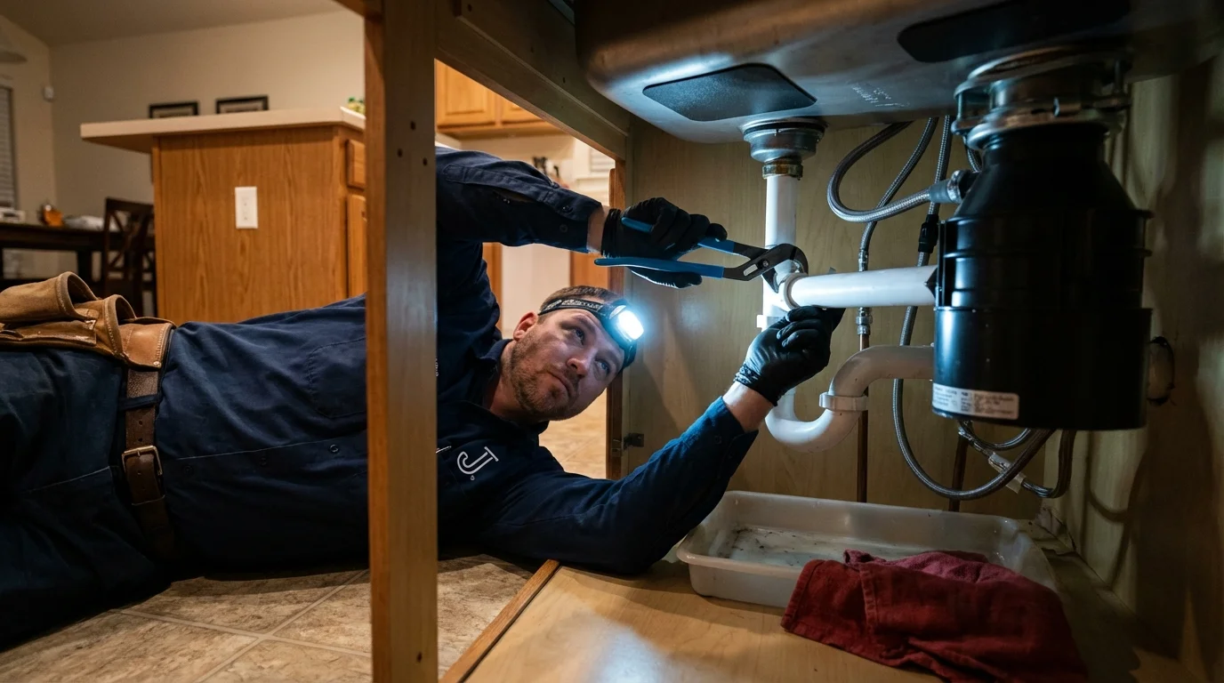 P-trap and supply line connections under a kitchen sink showing a common leak point in Croswell, MI